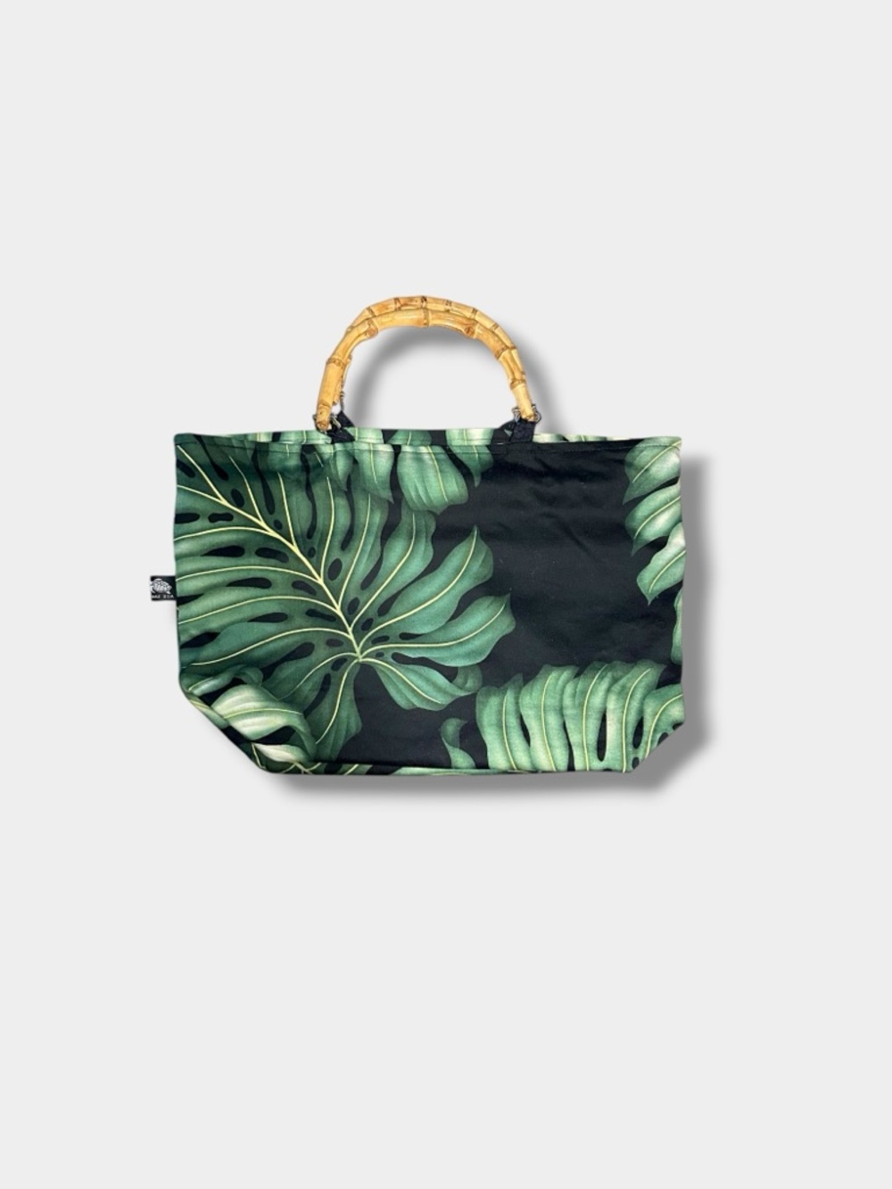 Bamboo Wood Handle Hawaiian USA Made Monstera Tropical Leaf Large Beach Bag Tote